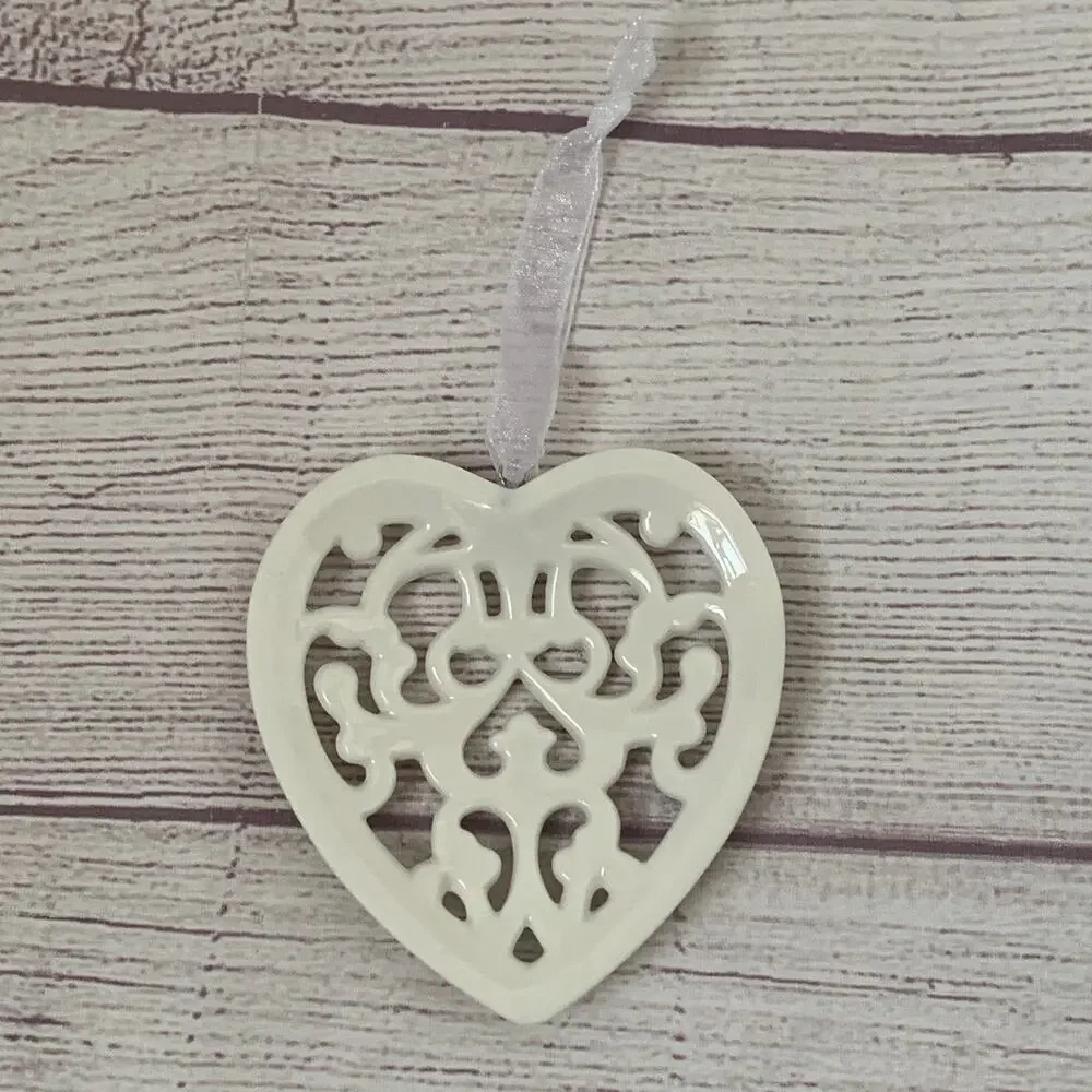 Regent Square Studio Porcelain Filigree Heart Ornament European Crystals Cream